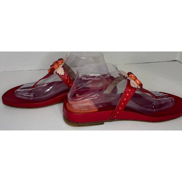 VTG Stuart Weitzman Red Leather Sandals 8.5 Floral Applique Thong Y2K Boho Vacay - Picture 11 of 16